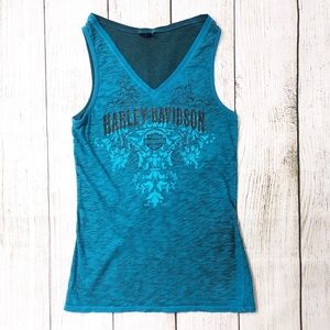 Harley Davidson motorcycle teal tank top